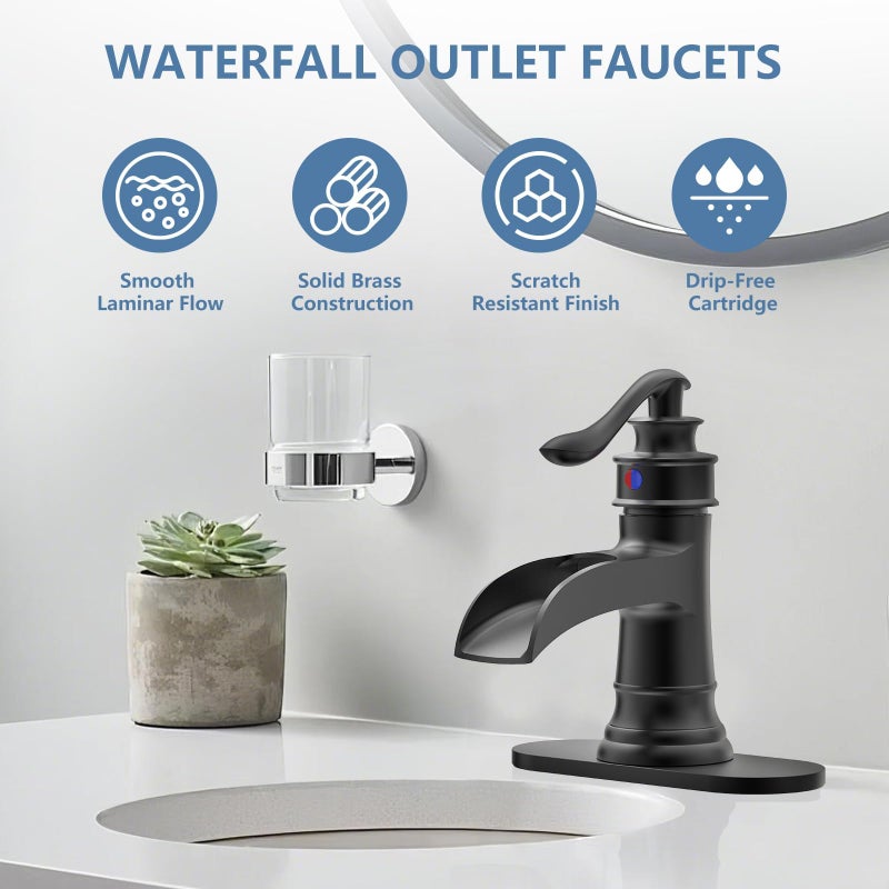 Homevacious Black Bathroom Faucet Matte Waterfall Sink Farmhouse Vanity Single Hole Faucets One Handle Basin Antique centerset with Pop Up Drain Stopper Mixer Tap Overflow Supply Line by Homevacious - Image 2